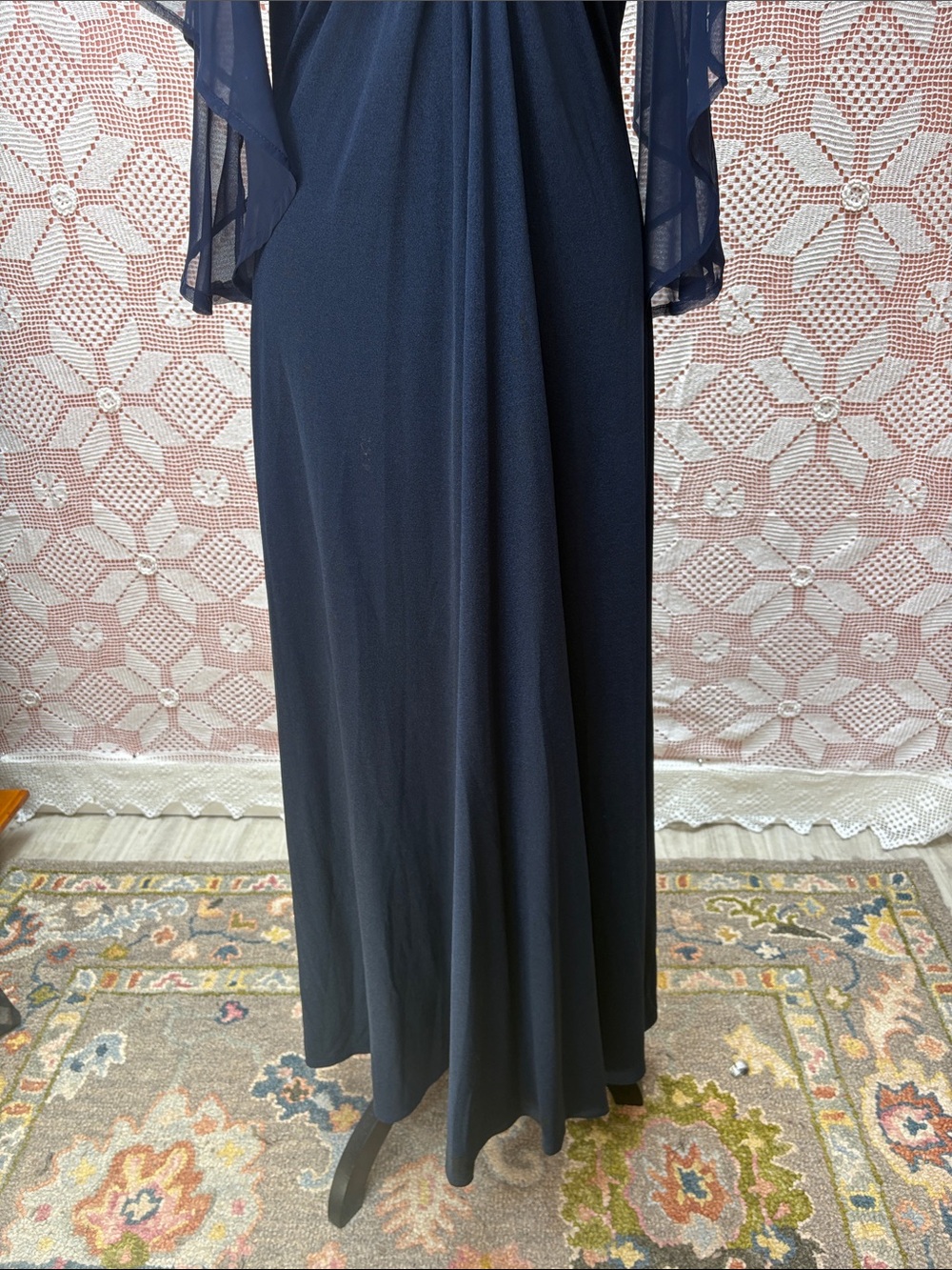Vintage Navy Embroidered Caftan Maxi Dress Boho Goddess Flutter Sleeve Gown Sz L - Picture 8 of 8